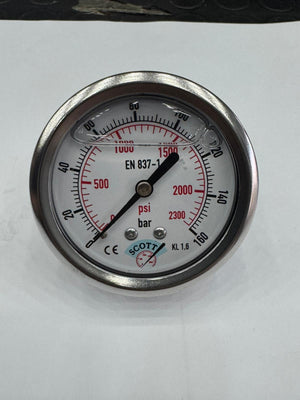 SCOTT 100 mm Gliserinli Manometre 1/2" Arkadan Bağlantılı Ön Flanşlı | 0–160 bar