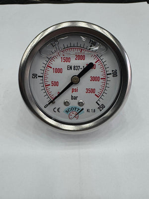 SCOTT 100 mm Gliserinli Manometre 1/2" Arkadan Bağlantılı Ön Flanşlı | 0–250 bar