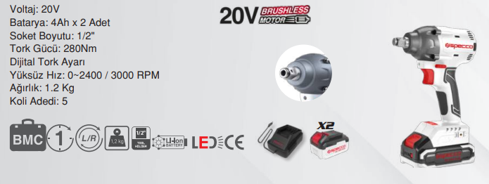 SPECCO SP20V-4044 Akülü Somun Sökme Ve Vidalama 20V