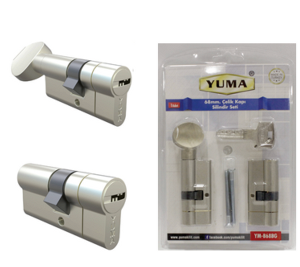 YUMA Çelik Kapı Barel Seti Tuzaklı 68 mm Saten – Güvenlikli Kilit Silindiri