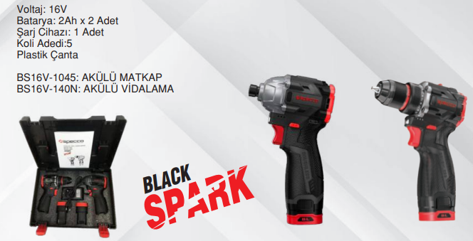 SPECCO Black Spark BS16V-004SET Kömürsüz Akülü 2’li Set