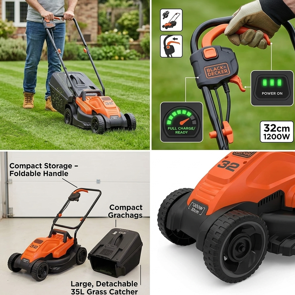 BLACK+DECKER 1600W 38CM Çim Kesme Makinesi | Güçlü Bahçe Biçme Makinesi